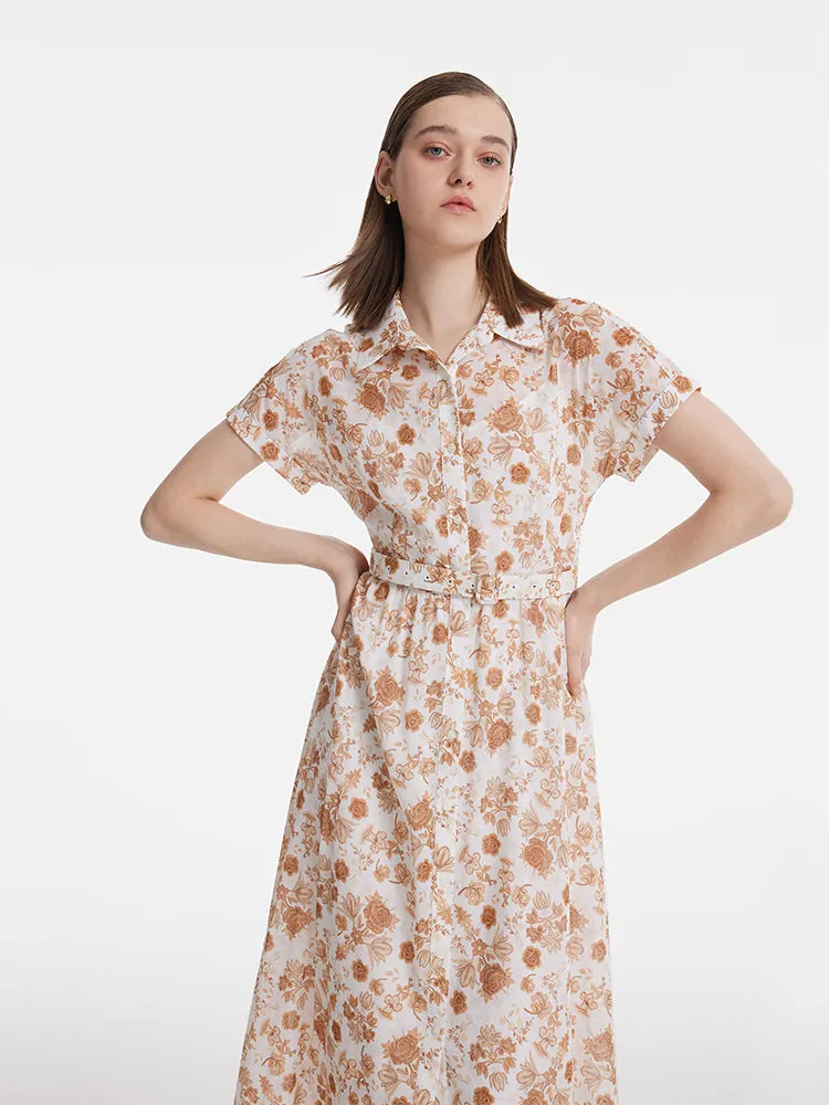 Rose Printed Women Midi Dress With Belt And Bottomed Dress