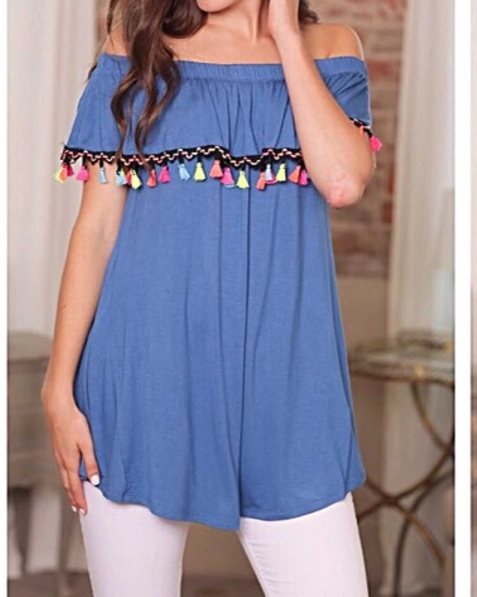 Royal Blue Pom Pom Fiesta Off The Shoulder Tunic