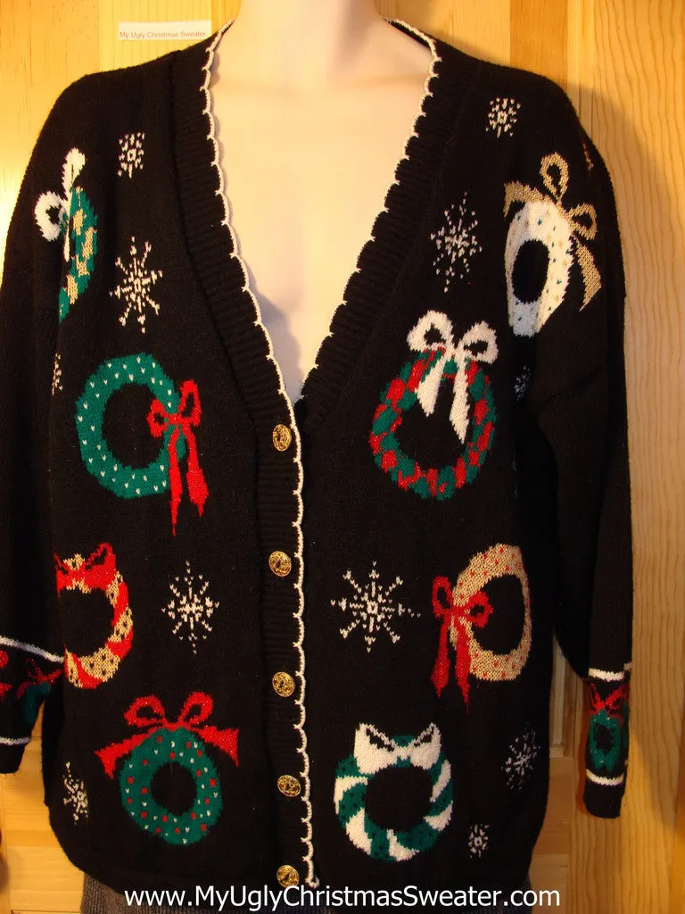 Tacky 80s Classic Ugly Christmas Sweater Cardigan with Wreaths (f586)