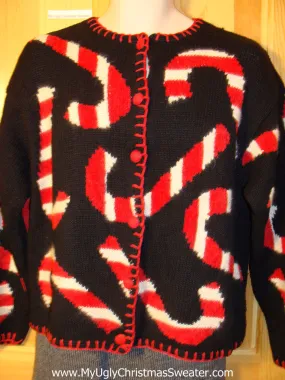 Tacky Hard to Find 80s Style Ugly Christmas Sweater with Massive Candy Canes on Front, Back, and Sleeves (f664)