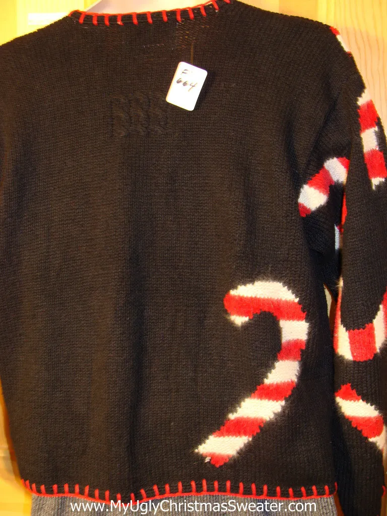 Tacky Hard to Find 80s Style Ugly Christmas Sweater with Massive Candy Canes on Front, Back, and Sleeves (f664)