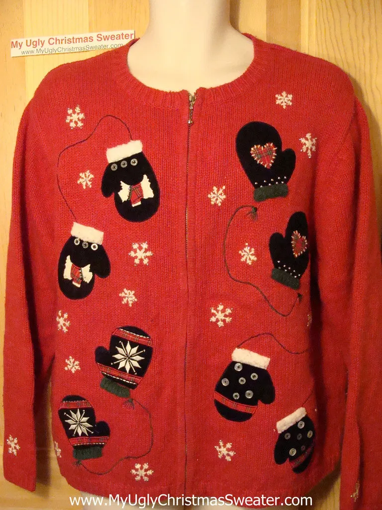 Tacky Ugly Christmas Red Sweater with Scotty Dogs and Mittens (f65)