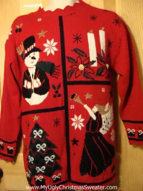 Tacky Ugly Christmas Sweater 2sided 80s Gem with Angel, Snowman, Candles, and Tree (f320)