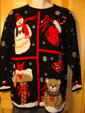 Tacky Ugly Christmas Sweater 80s Bold Classic with Bear, Snowman, and 2sided Snowflakes (f425)