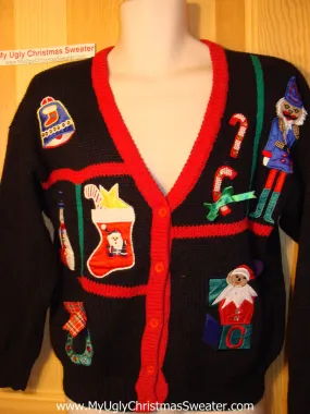 Tacky Ugly Christmas Sweater 80s with Padded Shoulders, Nutcracker, Santa, Candy Canes, Stocking and Wreath (f127)