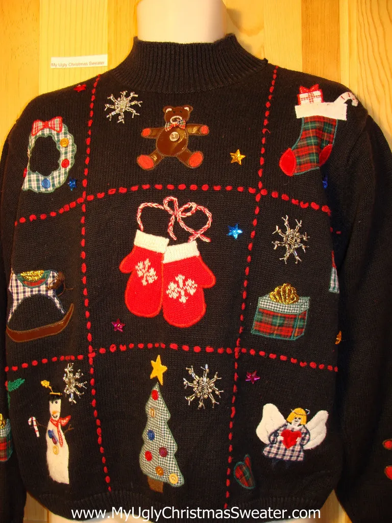 Tacky Ugly Christmas Sweater Grid Pattern with Bear, Horse, Angel, Mittens & More (f201)