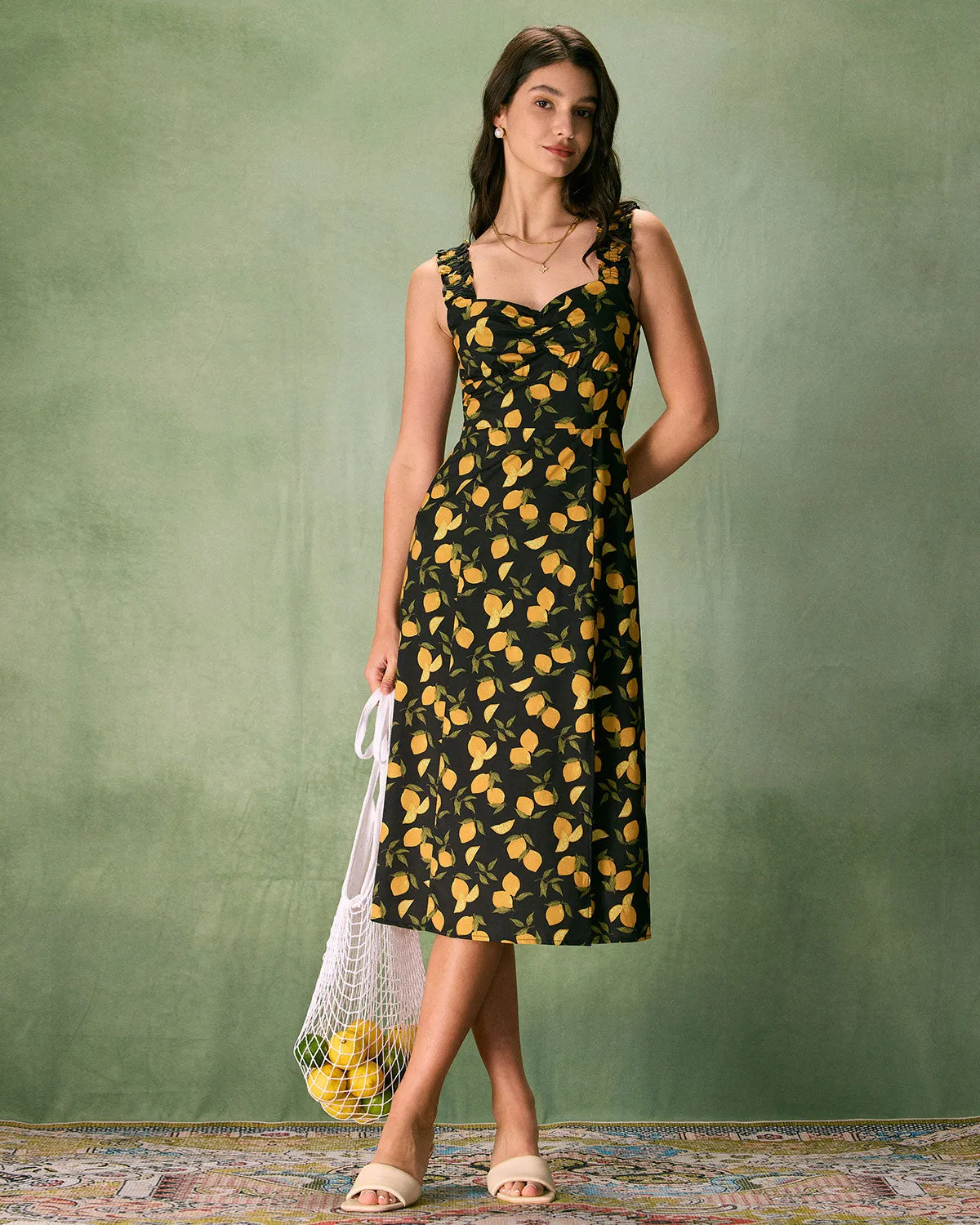 The Black Sweetheart Neck Lemon Midi Dress