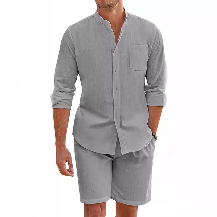 TWO PIECE COTTON AND LINEN COMFORTABLE BUTTON UP SHIRT, LONG SLEEVED SHORTS, CARDIGAN, SIMPLE CASUAL BEACH OUTFIT