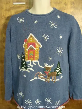 Ugly Blue Christmas Sweater Pullover with Reindeer