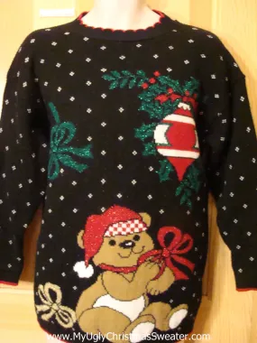 Ugly Christmas Sweater 80s Cheesy Bear and Bow