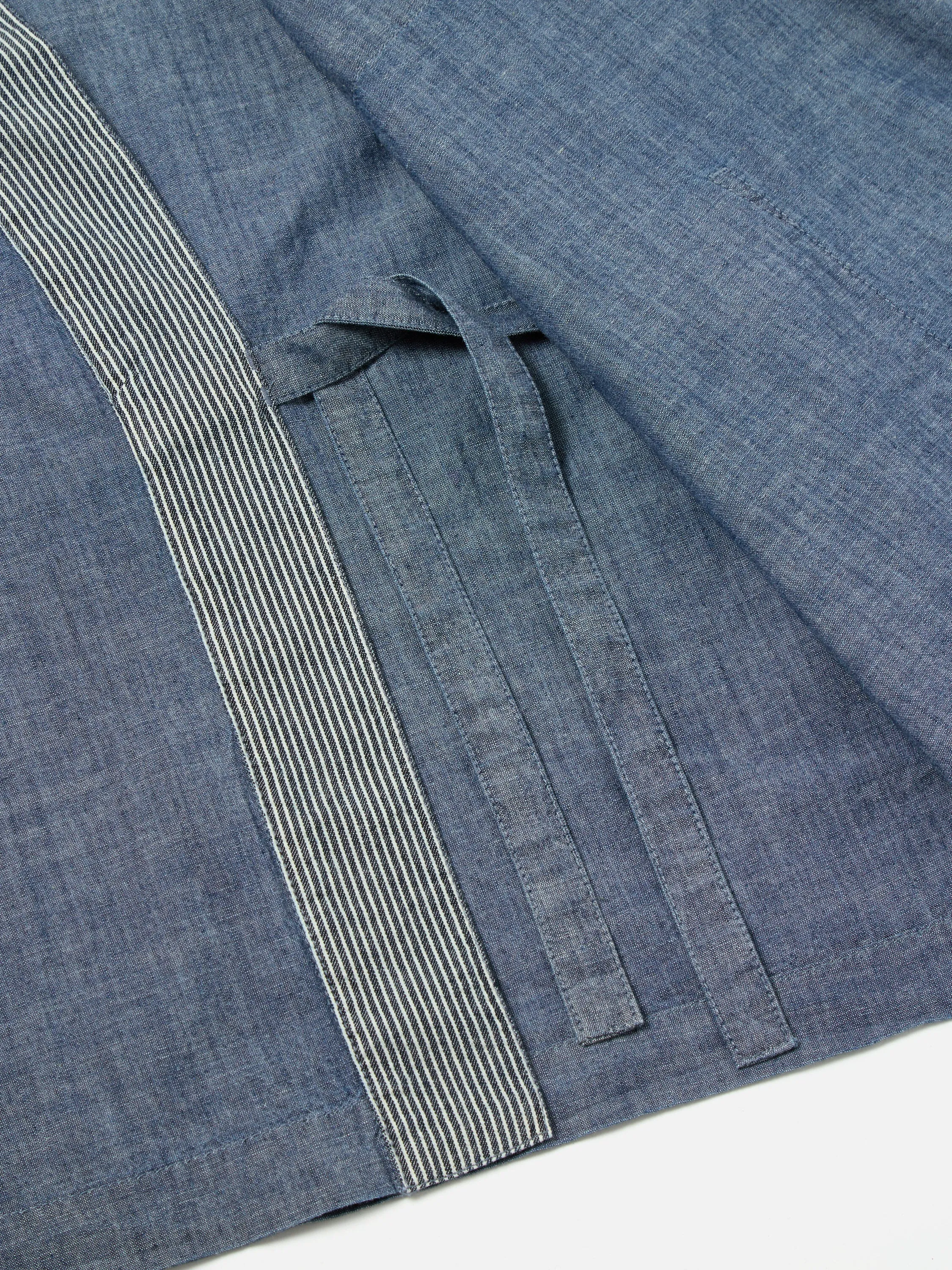 Universal Works Patched Kyoto Work Jacket in Indigo Chambray/Hickory Stripe Denim