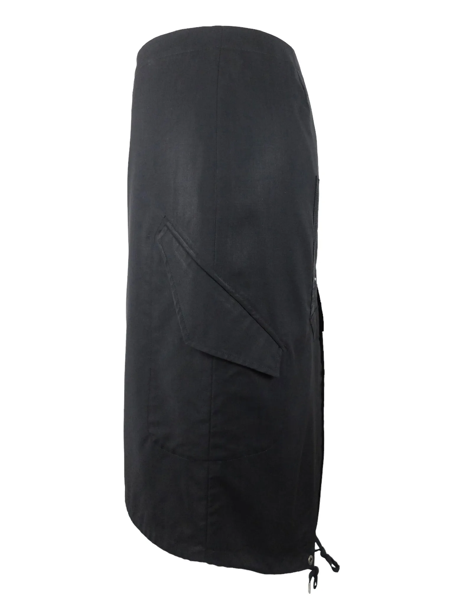 Vintage 2000s Y2K Jean Paul Gaultier Avant Garde Goth Grunge Black Midi Utility Cargo Skirt with Drawstring Detail