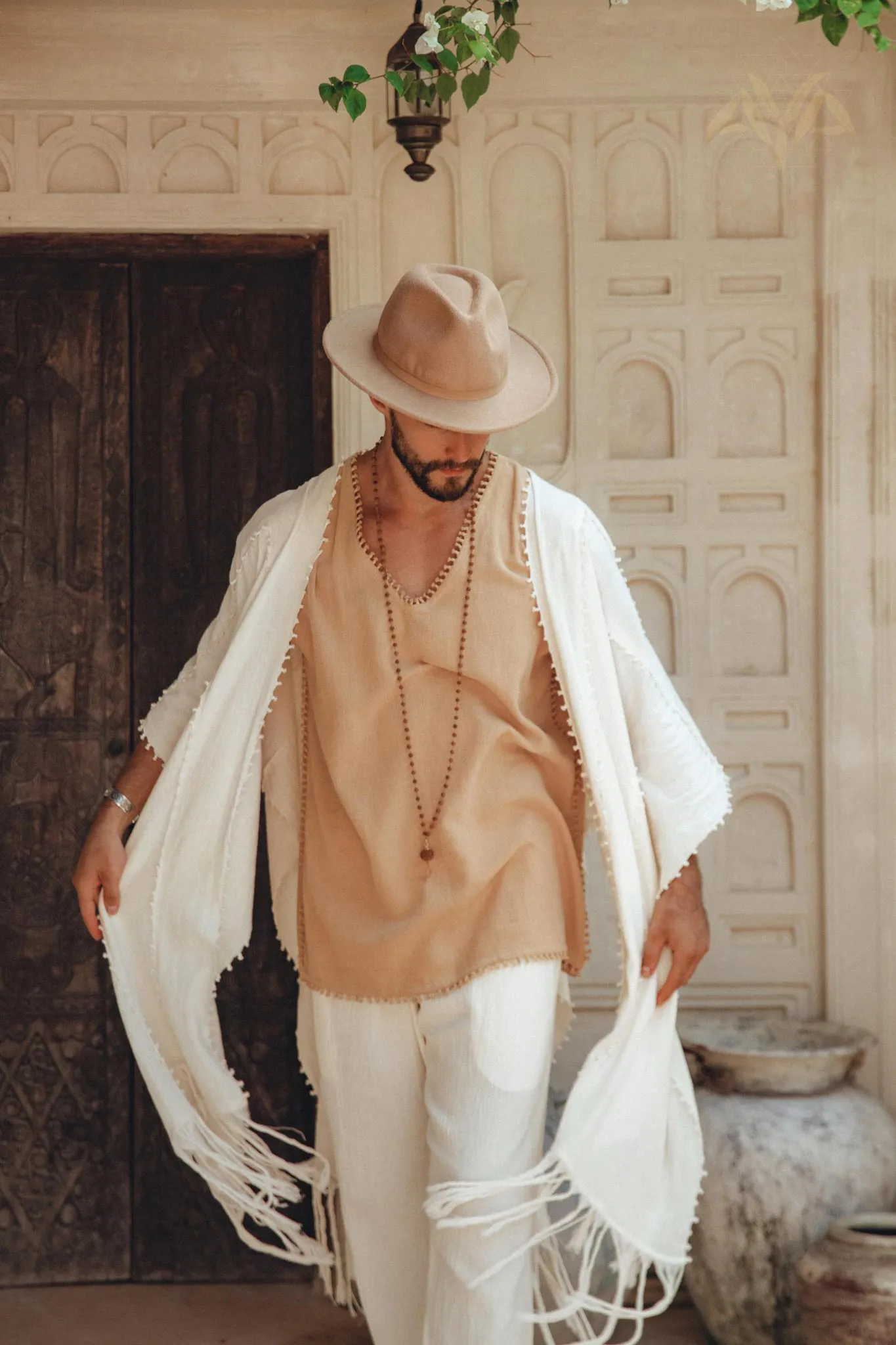 White Raw Cotton Minimalist Poncho for Men