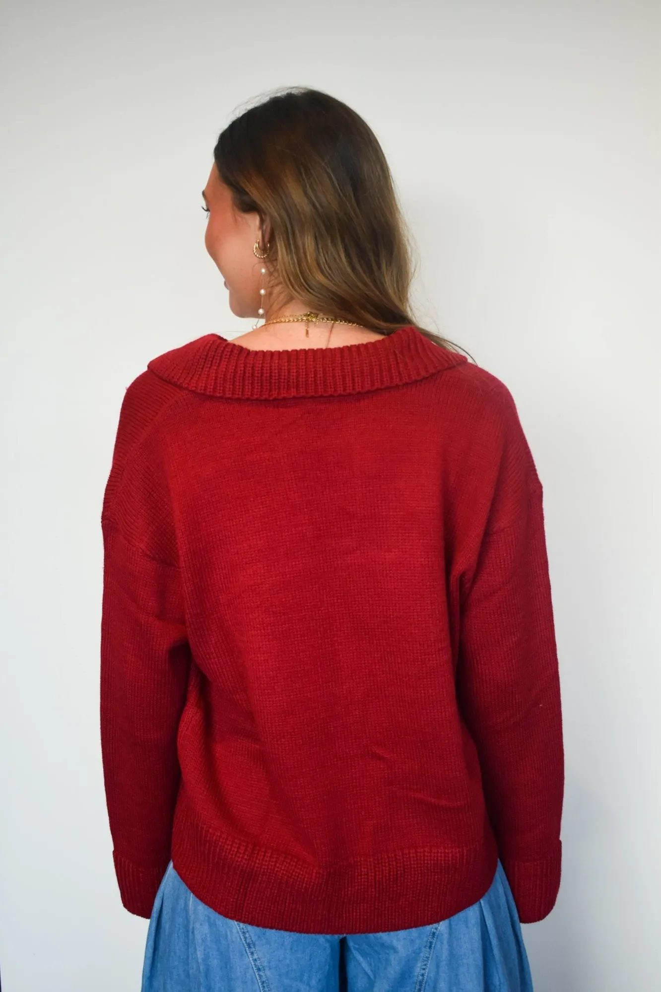 Wide Collar Knit Sweater- Red