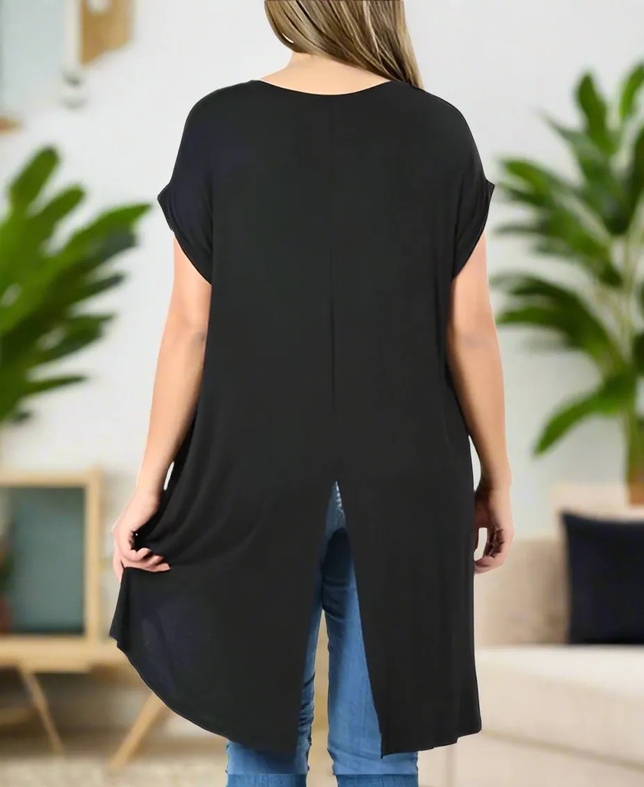 Womens Asymmetric Shirt Short Sleeve Top Solid Black Sizes S/M/L