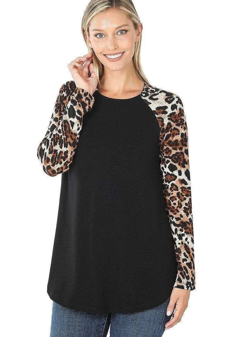 Womens Cheetah Top Long Sleeve Shirt Black/Brown Plus Sizes 1xl/2xl/3xl