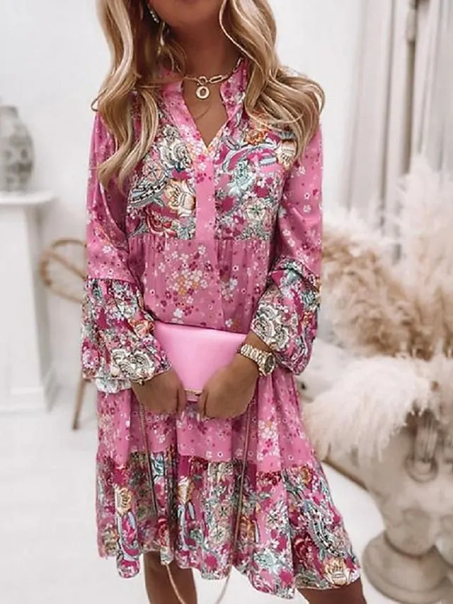 Women's Shift Dress BohoÂ Dress Knee Length Dress Pink Long Sleeve Floral Ruffle Smocked Print Summer Spring V Neck Boho Casual Flare Cuff Sleeve 2023 4XL