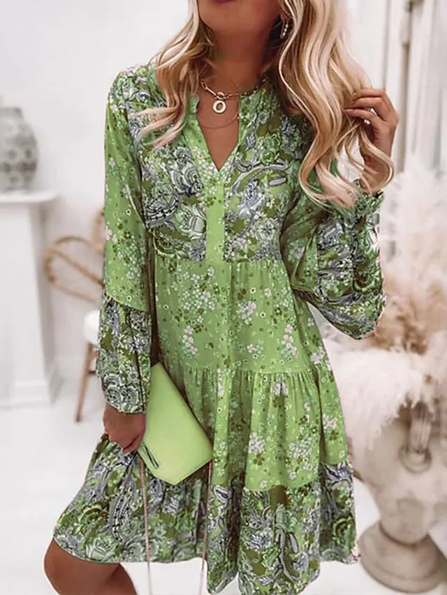 Women's Shift Dress BohoÂ Dress Knee Length Dress Pink Long Sleeve Floral Ruffle Smocked Print Summer Spring V Neck Boho Casual Flare Cuff Sleeve 2023 4XL