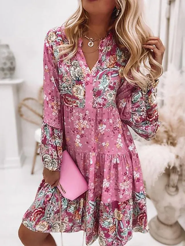 Women's Shift Dress BohoÂ Dress Knee Length Dress Pink Long Sleeve Floral Ruffle Smocked Print Summer Spring V Neck Boho Casual Flare Cuff Sleeve 2023 4XL