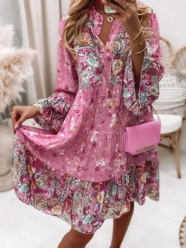 Women's Shift Dress BohoÂ Dress Knee Length Dress Pink Long Sleeve Floral Ruffle Smocked Print Summer Spring V Neck Boho Casual Flare Cuff Sleeve 2023 4XL