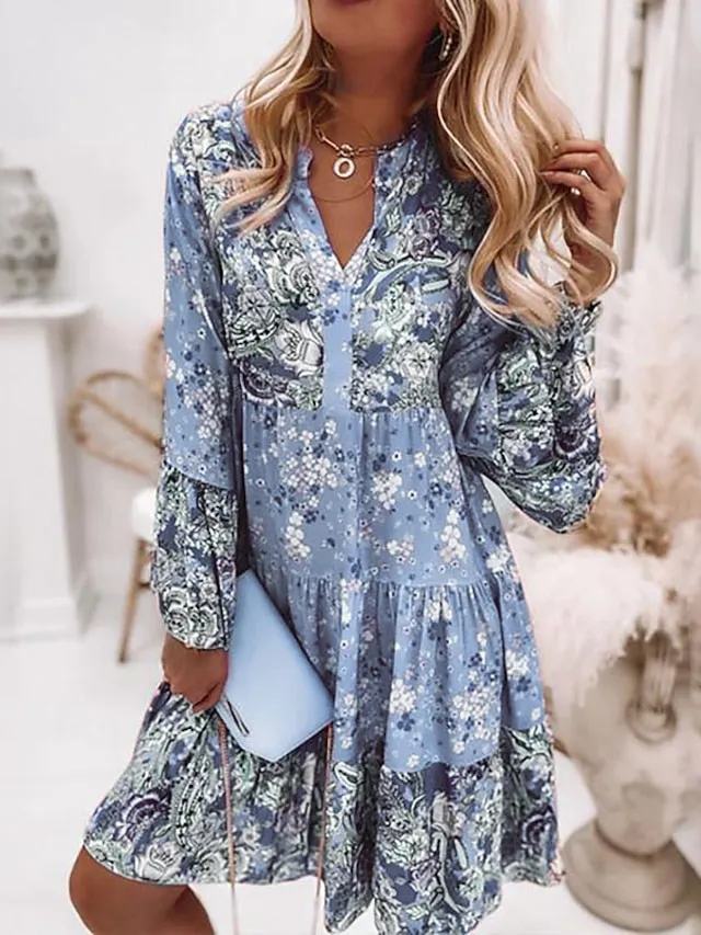 Women's Shift Dress BohoÂ Dress Knee Length Dress Pink Long Sleeve Floral Ruffle Smocked Print Summer Spring V Neck Boho Casual Flare Cuff Sleeve 2023 4XL