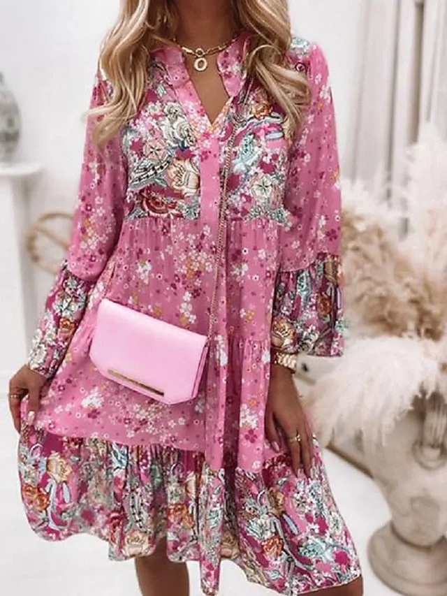 Women's Shift Dress BohoÂ Dress Knee Length Dress Pink Long Sleeve Floral Ruffle Smocked Print Summer Spring V Neck Boho Casual Flare Cuff Sleeve 2023 4XL