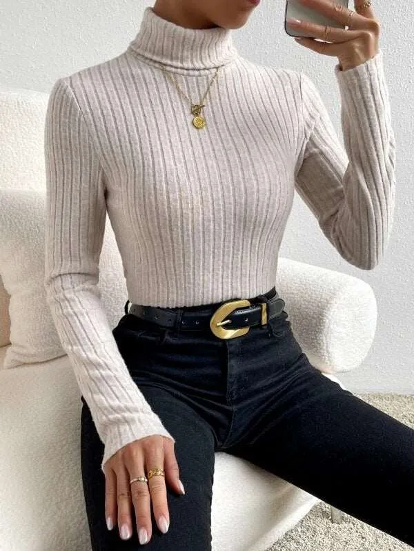 Women's Turtleneck Long-sleeved Striped Knitted Jumper